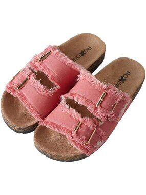Women's Pink Comfort Double Buckle Adjustable Strap Slide Flat Sandal Shoes